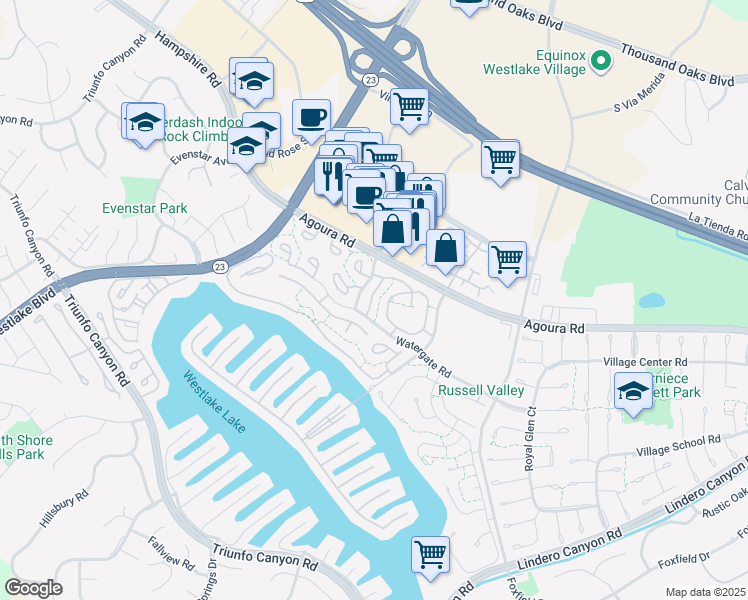 map of restaurants, bars, coffee shops, grocery stores, and more near 1218 Kirkford Way in Westlake Village