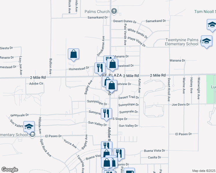 map of restaurants, bars, coffee shops, grocery stores, and more near 5770 Adobe Road in Twentynine Palms