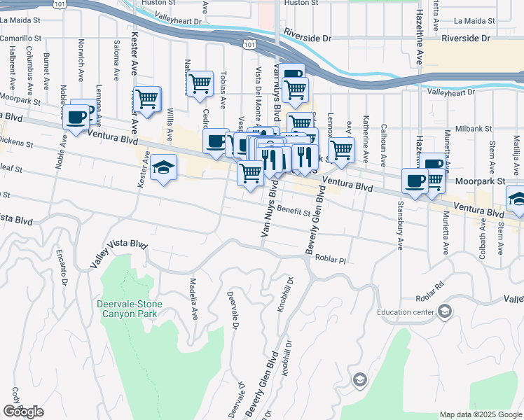 map of restaurants, bars, coffee shops, grocery stores, and more near 14506 Benefit Street in Los Angeles