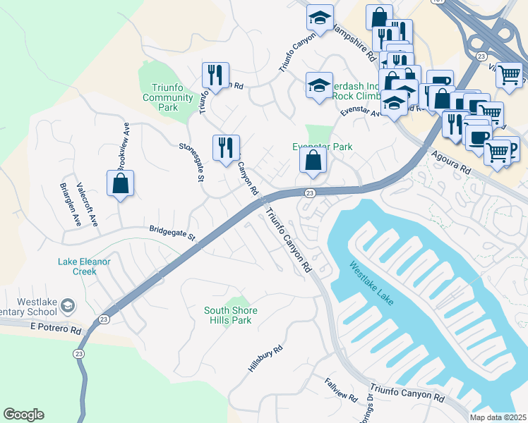 map of restaurants, bars, coffee shops, grocery stores, and more near 2109 Portola Lane in Westlake Village
