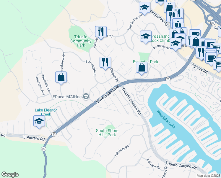 map of restaurants, bars, coffee shops, grocery stores, and more near 1189 Galesmoore Court in Westlake Village