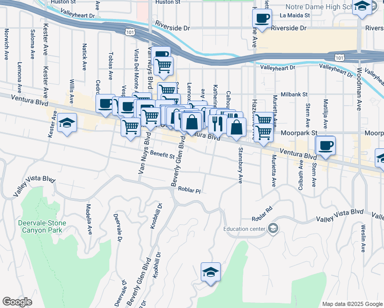 map of restaurants, bars, coffee shops, grocery stores, and more near 14275 Dickens Street in Los Angeles