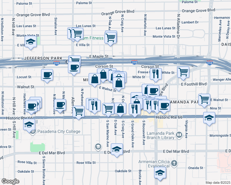 map of restaurants, bars, coffee shops, grocery stores, and more near 2076 East Walnut Street in Pasadena