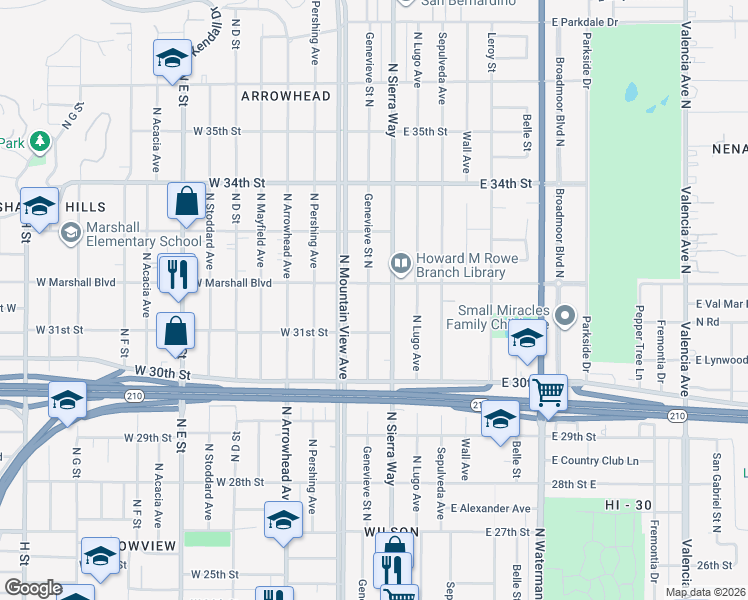map of restaurants, bars, coffee shops, grocery stores, and more near 3167 Genevieve Street North in San Bernardino