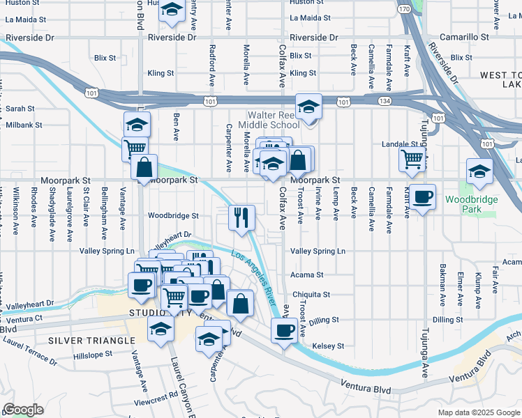 map of restaurants, bars, coffee shops, grocery stores, and more near 11762 Moorpark Street in Los Angeles