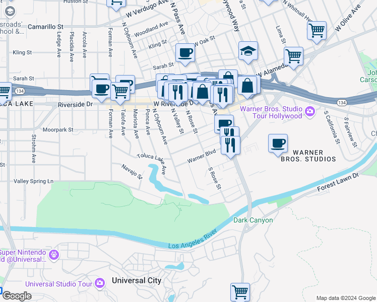 map of restaurants, bars, coffee shops, grocery stores, and more near 4226 McFarlane Avenue in Burbank