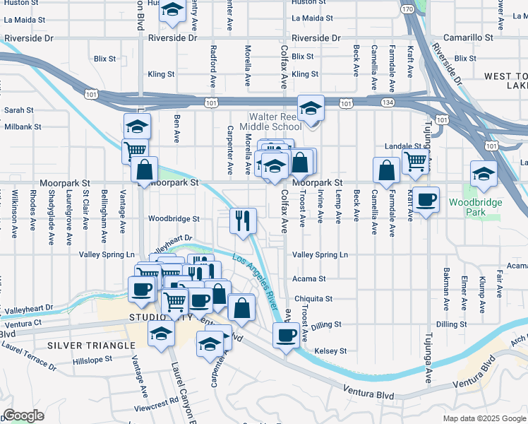 map of restaurants, bars, coffee shops, grocery stores, and more near 11762 Moorpark Street in Los Angeles