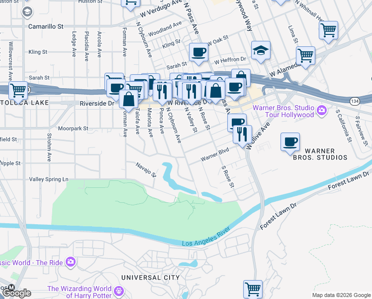 map of restaurants, bars, coffee shops, grocery stores, and more near 4247 McFarlane Avenue in Burbank