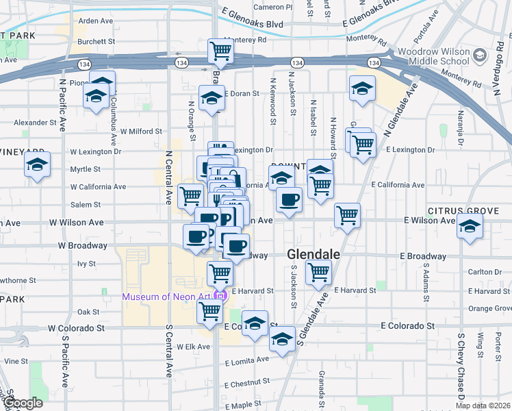 map of restaurants, bars, coffee shops, grocery stores, and more near 222 North Louise Street in Glendale