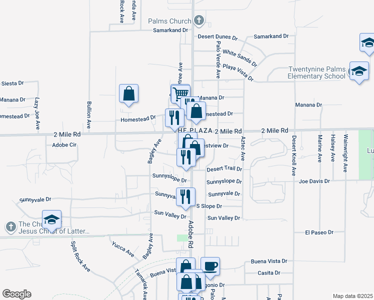 map of restaurants, bars, coffee shops, grocery stores, and more near 5770 Adobe Road in Twentynine Palms
