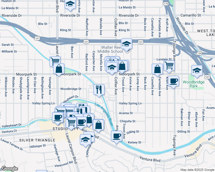 map of restaurants, bars, coffee shops, grocery stores, and more near 11762 Moorpark Street in Los Angeles