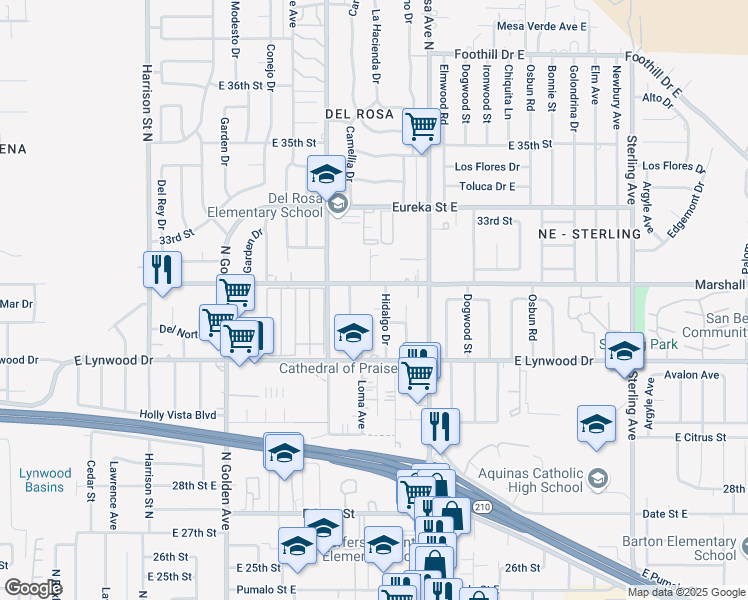map of restaurants, bars, coffee shops, grocery stores, and more near 1466 Val Mar Drive in San Bernardino