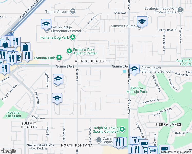 map of restaurants, bars, coffee shops, grocery stores, and more near 15853 Square Top Lane in Fontana