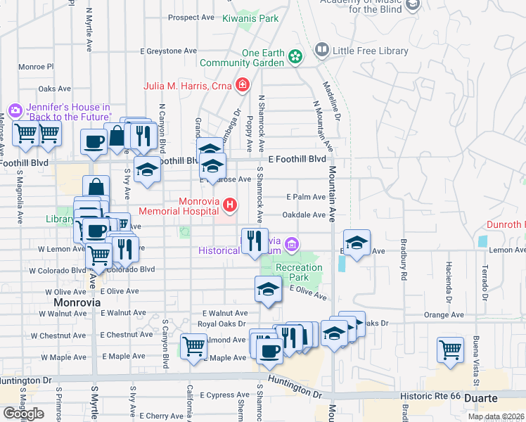 map of restaurants, bars, coffee shops, grocery stores, and more near 715 Oakdale Avenue in Monrovia