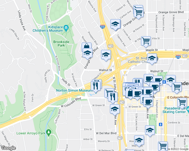 map of restaurants, bars, coffee shops, grocery stores, and more near 150 North Orange Grove Boulevard in Pasadena