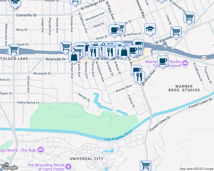 map of restaurants, bars, coffee shops, grocery stores, and more near 4247 McFarlane Avenue in Burbank