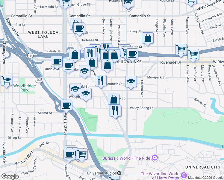 map of restaurants, bars, coffee shops, grocery stores, and more near 10657 Woodbridge Street in Los Angeles