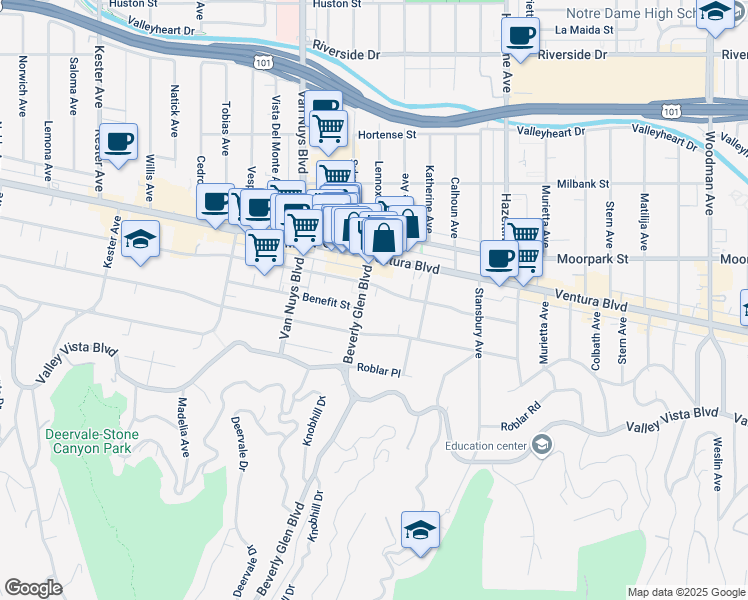 map of restaurants, bars, coffee shops, grocery stores, and more near 4300 Beverly Glen Boulevard in Los Angeles