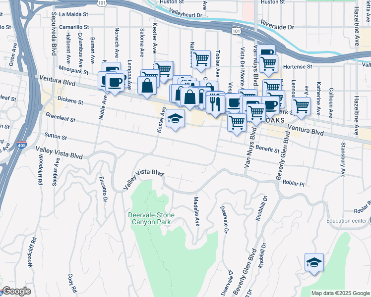 map of restaurants, bars, coffee shops, grocery stores, and more near 14732 Greenleaf Street in Los Angeles