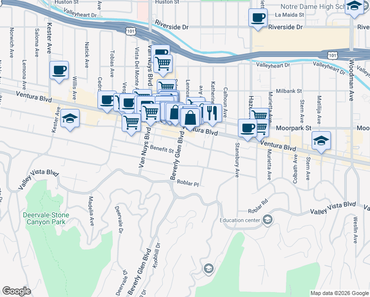 map of restaurants, bars, coffee shops, grocery stores, and more near 14332 Dickens Street in Los Angeles