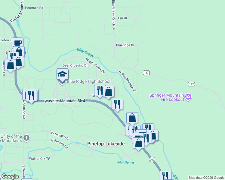 map of restaurants, bars, coffee shops, grocery stores, and more near 385 West Spring Time Drive in Pinetop-Lakeside