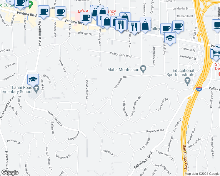map of restaurants, bars, coffee shops, grocery stores, and more near 16021 Woodvale Road in Los Angeles