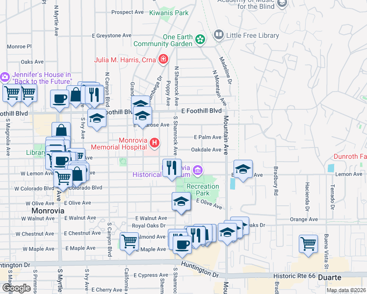 map of restaurants, bars, coffee shops, grocery stores, and more near 715 Oakdale Avenue in Monrovia