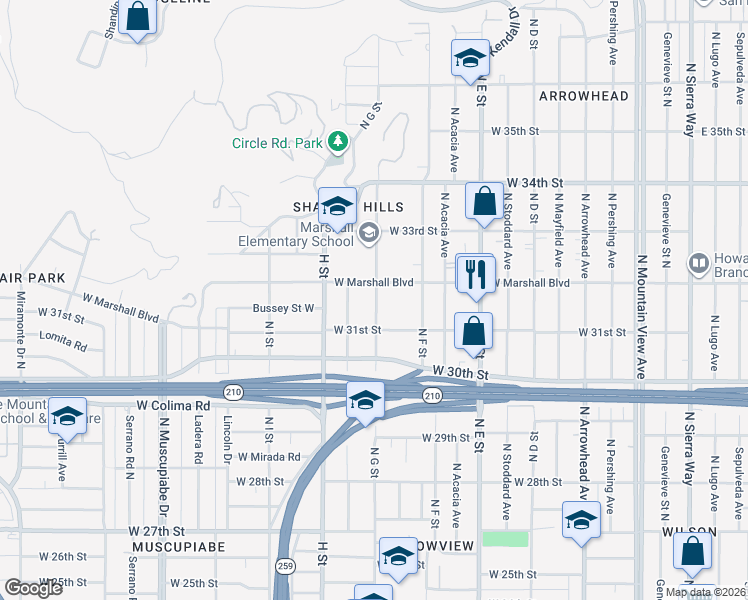 map of restaurants, bars, coffee shops, grocery stores, and more near 3158 North G Street in San Bernardino
