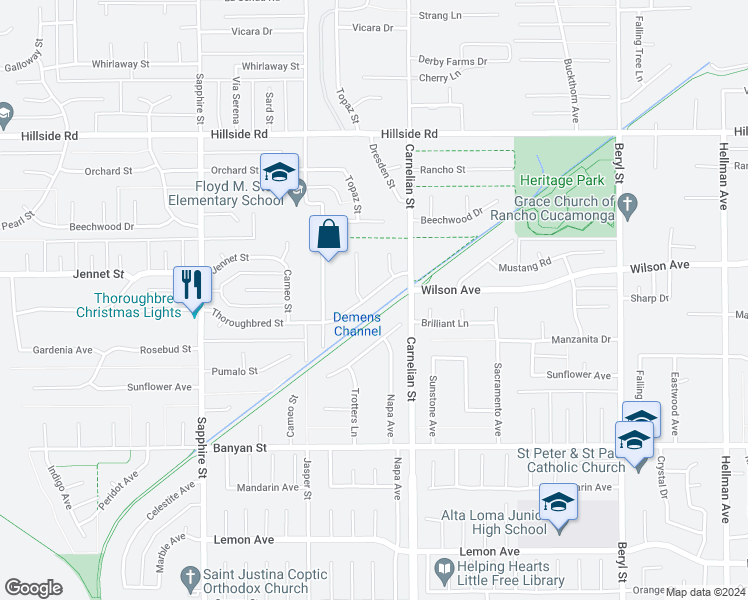 map of restaurants, bars, coffee shops, grocery stores, and more near 8627 Thoroughbred Street in Rancho Cucamonga