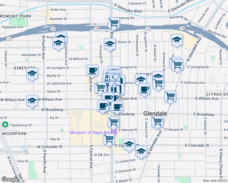 map of restaurants, bars, coffee shops, grocery stores, and more near 225 North Maryland Avenue in Glendale