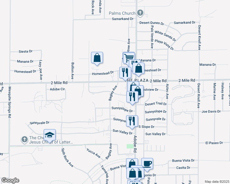 map of restaurants, bars, coffee shops, grocery stores, and more near 73562 Desert Trail Drive in Twentynine Palms