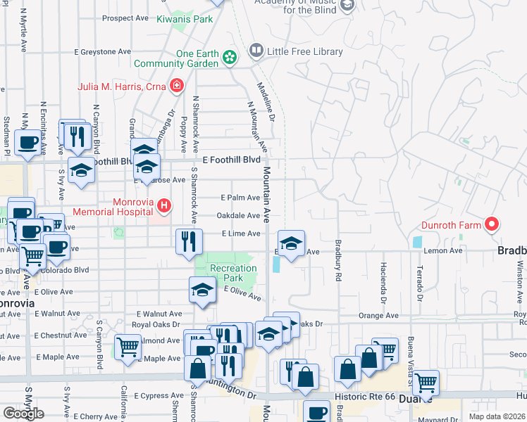 map of restaurants, bars, coffee shops, grocery stores, and more near 849 Oakdale Avenue in Monrovia