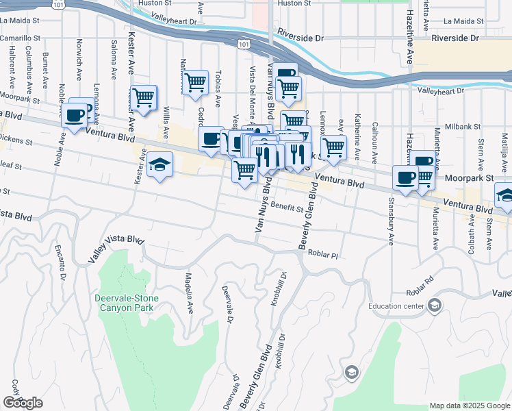 map of restaurants, bars, coffee shops, grocery stores, and more near 14506 Benefit Street in Los Angeles
