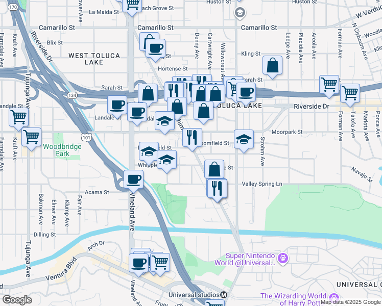 map of restaurants, bars, coffee shops, grocery stores, and more near 4333 Lankershim Boulevard in Los Angeles