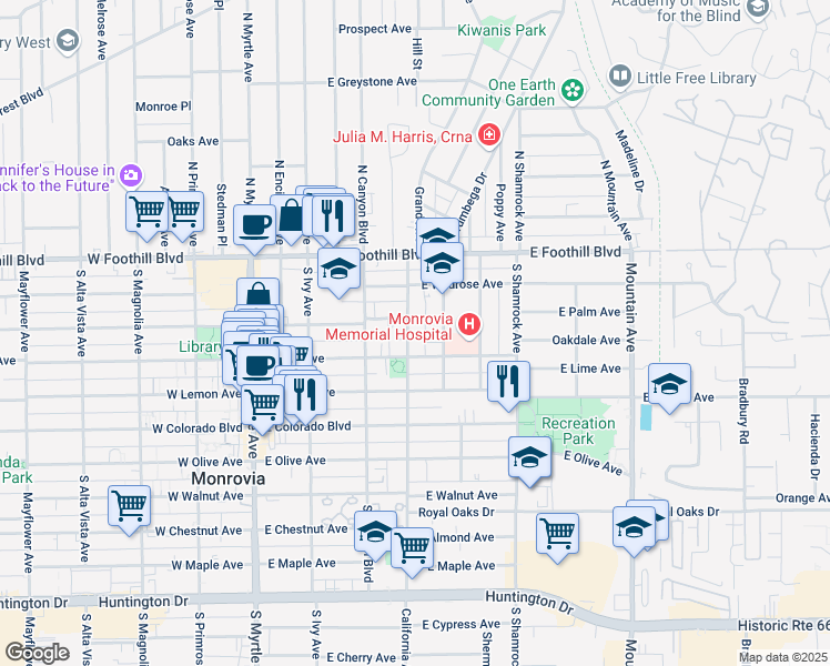 map of restaurants, bars, coffee shops, grocery stores, and more near 310 California Avenue in Monrovia