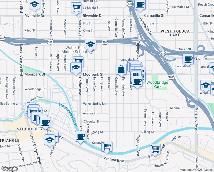 map of restaurants, bars, coffee shops, grocery stores, and more near 4351 Beck Avenue in Los Angeles