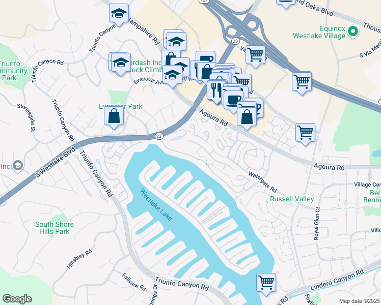 map of restaurants, bars, coffee shops, grocery stores, and more near 2605 Northshore Lane in Westlake Village