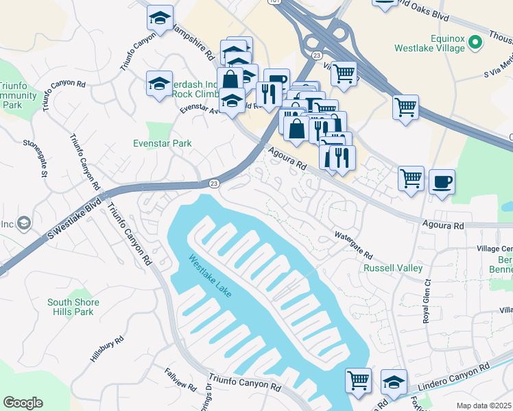 map of restaurants, bars, coffee shops, grocery stores, and more near 2605 Northshore Lane in Westlake Village