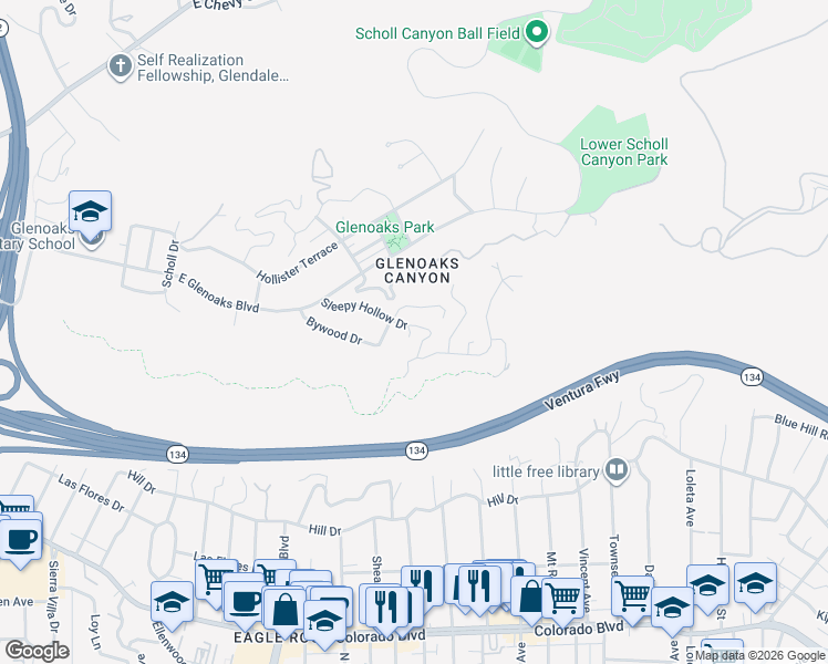 map of restaurants, bars, coffee shops, grocery stores, and more near 2528 Sleepy Hollow Drive in Glendale