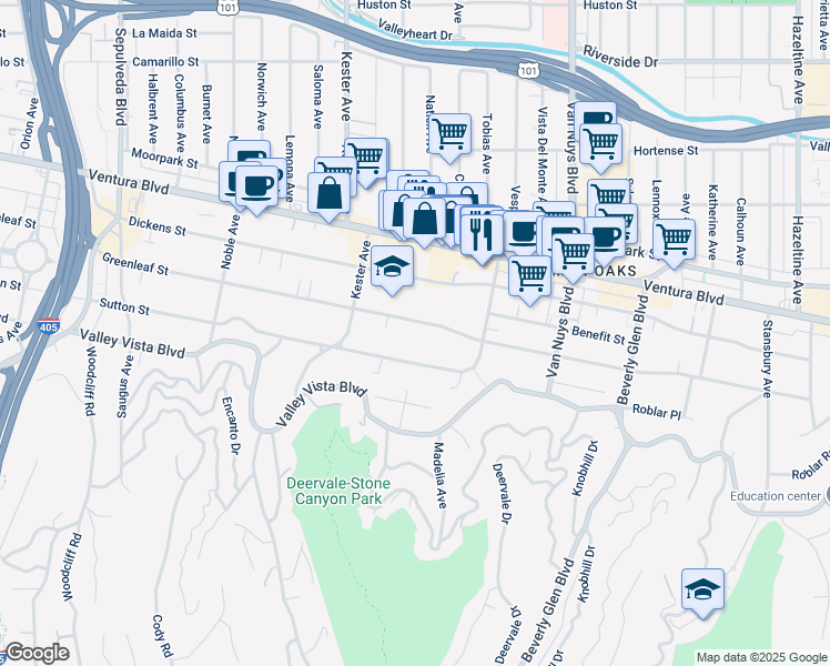 map of restaurants, bars, coffee shops, grocery stores, and more near 14722 Greenleaf Street in Los Angeles