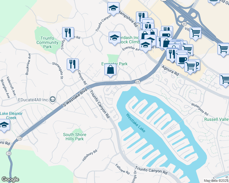map of restaurants, bars, coffee shops, grocery stores, and more near 1174 South Westlake Boulevard in Westlake Village