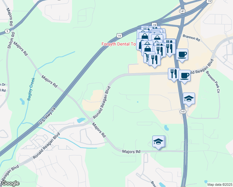 map of restaurants, bars, coffee shops, grocery stores, and more near 1055 Grove Valley Drive in Cumming