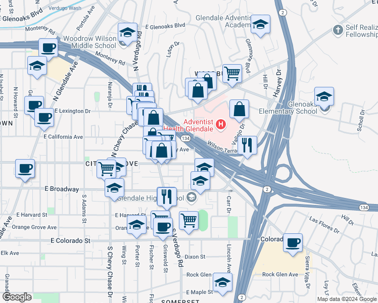 map of restaurants, bars, coffee shops, grocery stores, and more near 1466 Stanley Avenue in Glendale