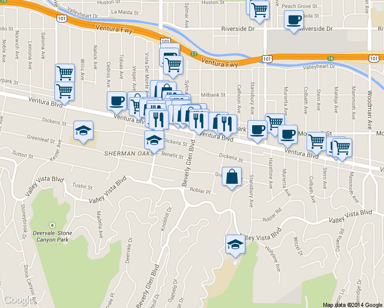 map of restaurants, bars, coffee shops, grocery stores, and more near 4300 Beverly Glen Boulevard in Sherman Oaks