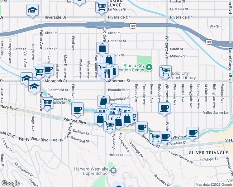 map of restaurants, bars, coffee shops, grocery stores, and more near 4322 Alcove Avenue in Los Angeles