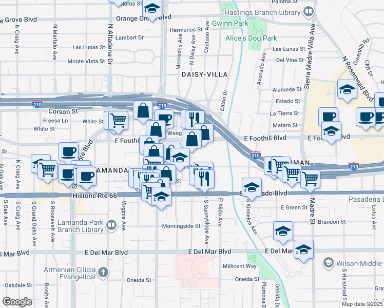map of restaurants, bars, coffee shops, grocery stores, and more near 2830 East Foothill Boulevard in Pasadena