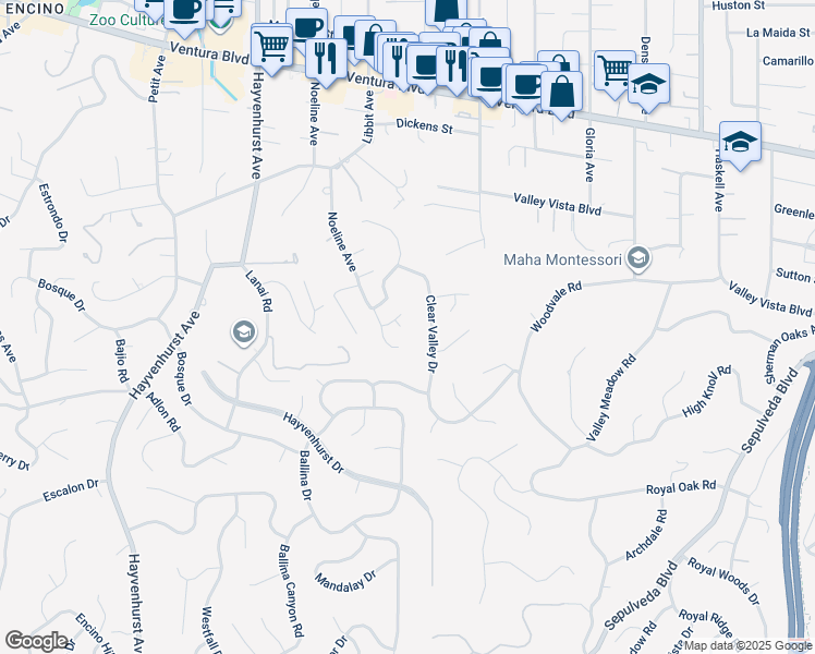 map of restaurants, bars, coffee shops, grocery stores, and more near 16224 Elisa Place in Los Angeles