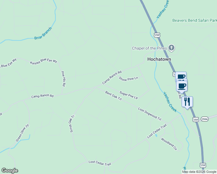 map of restaurants, bars, coffee shops, grocery stores, and more near 584 Camp Ranch Road in Broken Bow