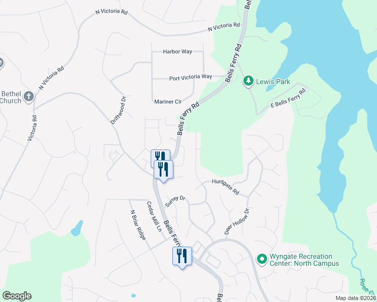 map of restaurants, bars, coffee shops, grocery stores, and more near 123 Sunset Lane in Woodstock