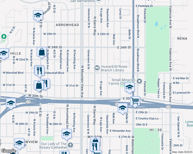 map of restaurants, bars, coffee shops, grocery stores, and more near 3171 North Sierra Way in San Bernardino